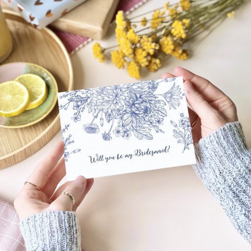 Will you be my Bridesmaid? Blue floral Card - designed by Rodo Creative in Manchester