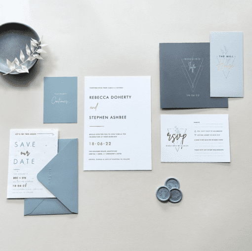 Dusty Blue Wedding Invite With Optional Vellum Wrap - Rodo Creative Manchester