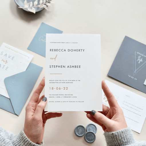 Dusty Blue Wedding Invite With Optional Vellum Wrap - Rodo Creative Manchester