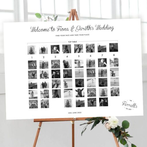 black and white photo find your face wedding table plan - photo collage to find your seat by Rodo Creative